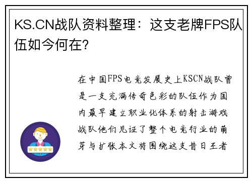 KS.CN战队资料整理：这支老牌FPS队伍如今何在？