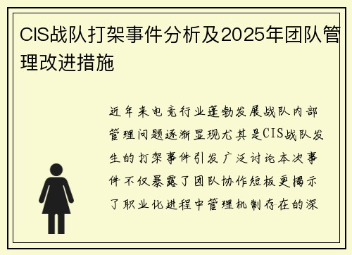 CIS战队打架事件分析及2025年团队管理改进措施
