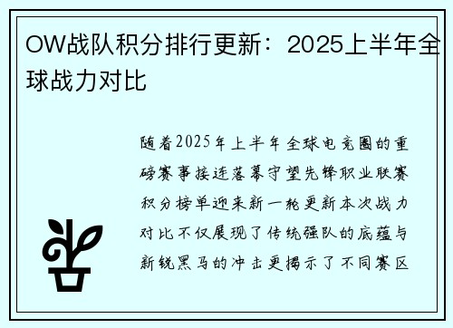 OW战队积分排行更新：2025上半年全球战力对比